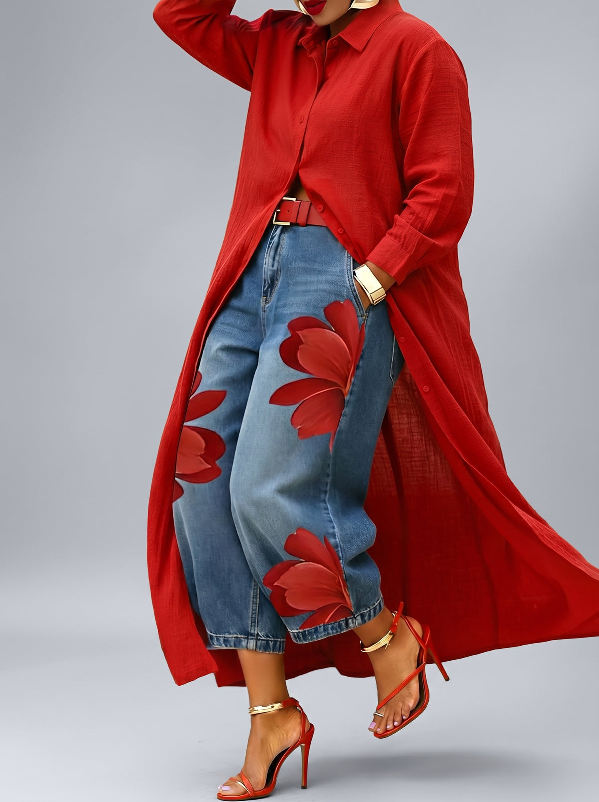 Conjunto de flores rojas: Vaqueros + Camisa