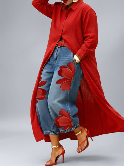 Conjunto de flores rojas: Vaqueros + Camisa
