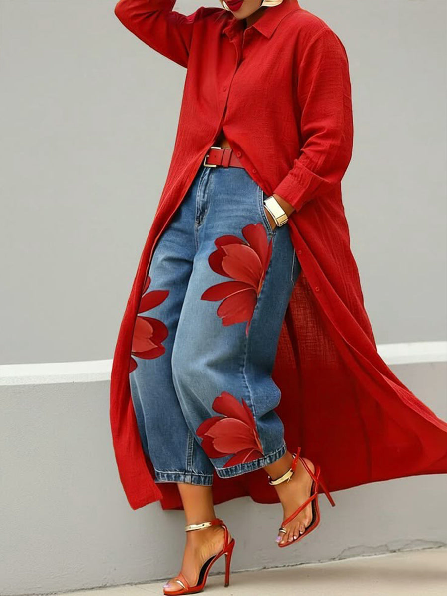Conjunto de flores rojas: Vaqueros + Camisa