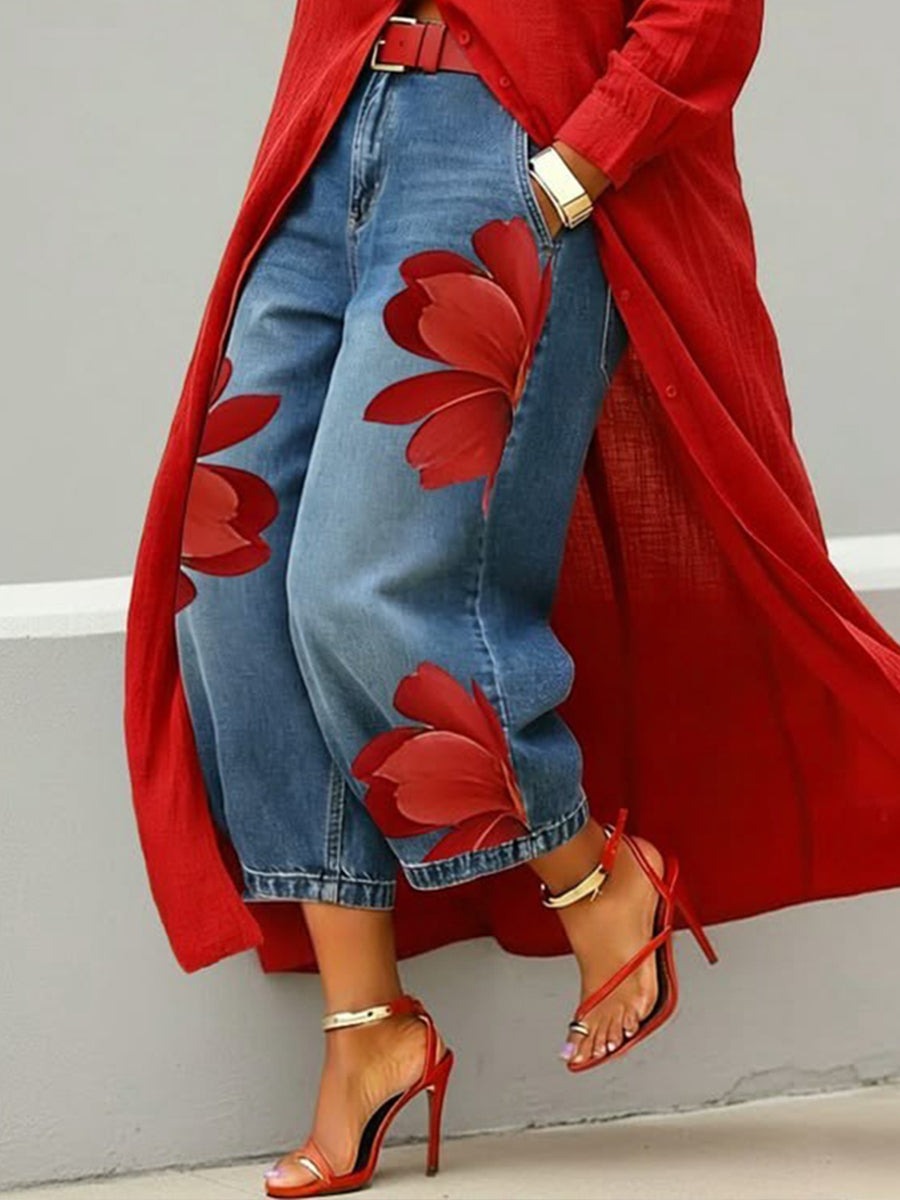 Conjunto de flores rojas: Vaqueros + Camisa